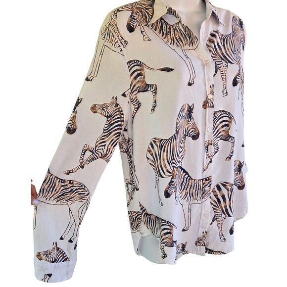 Jane + Delancy Zebra Animal Print Linen Blend Blouse M Long Sleeve or Roll Tab - Picture 3 of 16